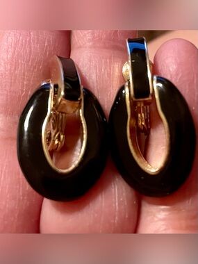 Black Enamel Gold-Tone Oval Clip-On Earrings - Women's Jewelry